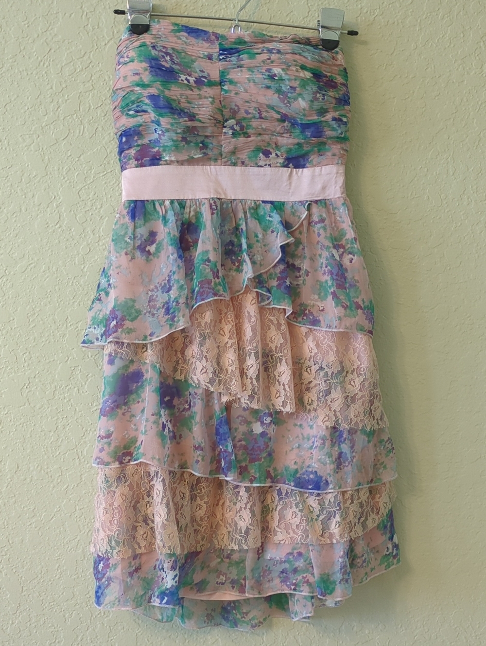 Strapless Tiered Floral Lace Dress in Pink and Green